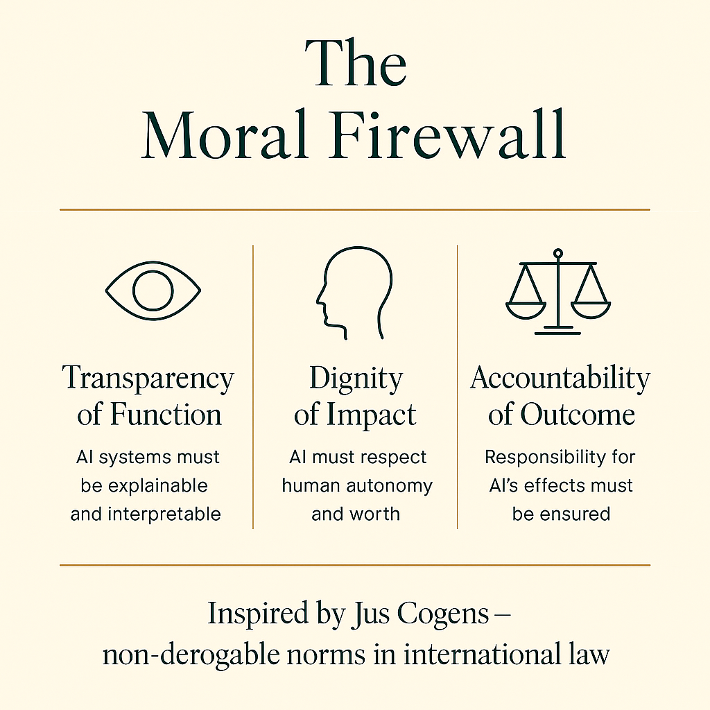 The Moral Firewall infographic showing the icons for Transparency, Dignity, and Accountability